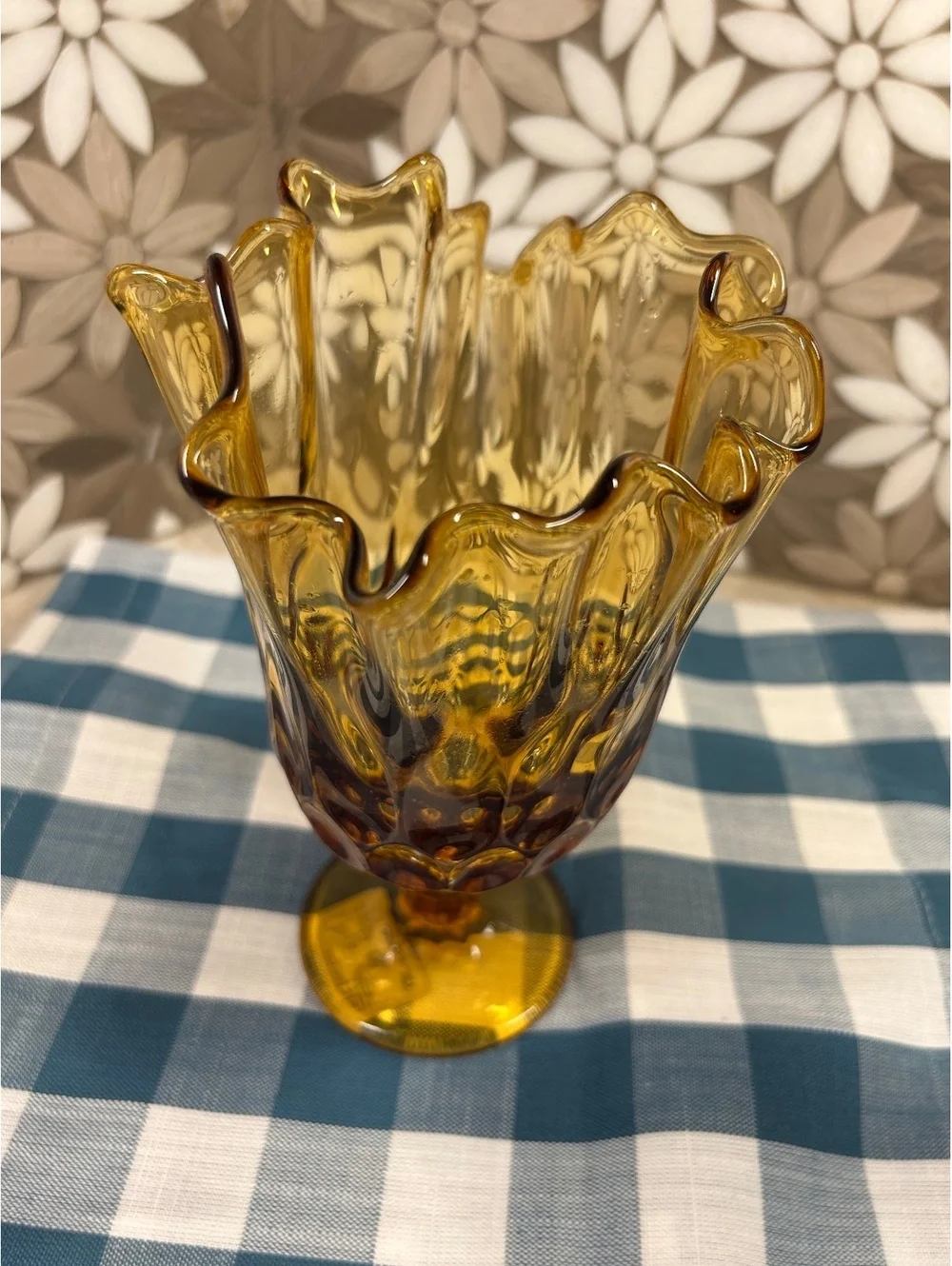 Vintage Fenton Art Glass Amber Thumbprint Handkerchief Swung Pedestal Vase 9